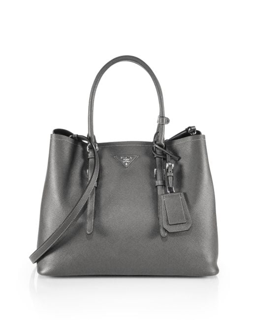 Prada Saffiano Cuir Medium Double Bag in Gray | Lyst