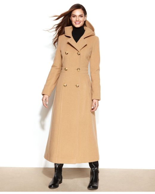 Anne Klein Natural Double-Breasted Wool-Blend Hooded Maxi Coat