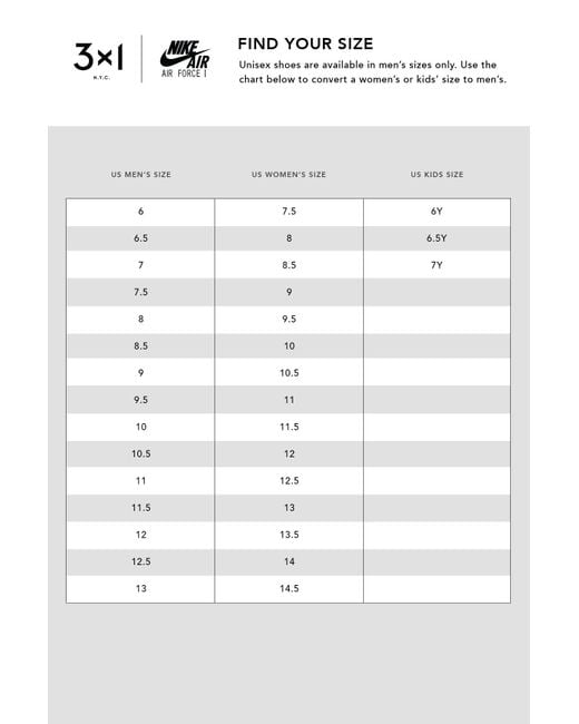 air force 1 sizing chart