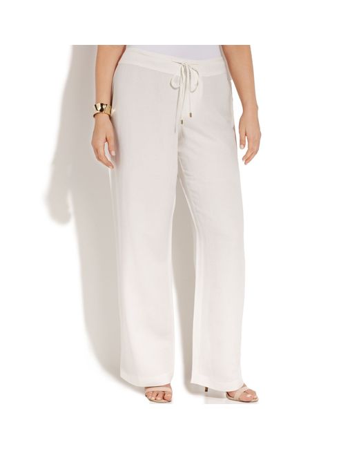 Calvin Klein Plus Size Linen Wideleg Drawstring Pants in White | Lyst