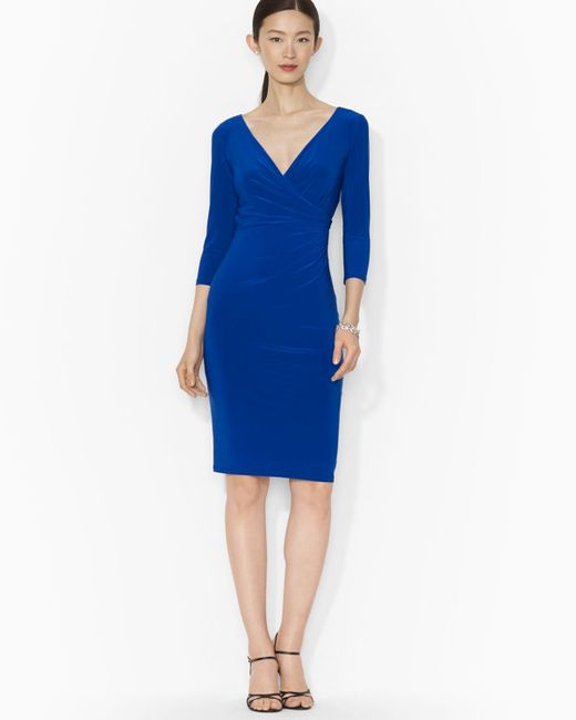 Ralph Lauren Lauren Dress V Neck Three Quarter Sleeve Jersey in Blue | Lyst