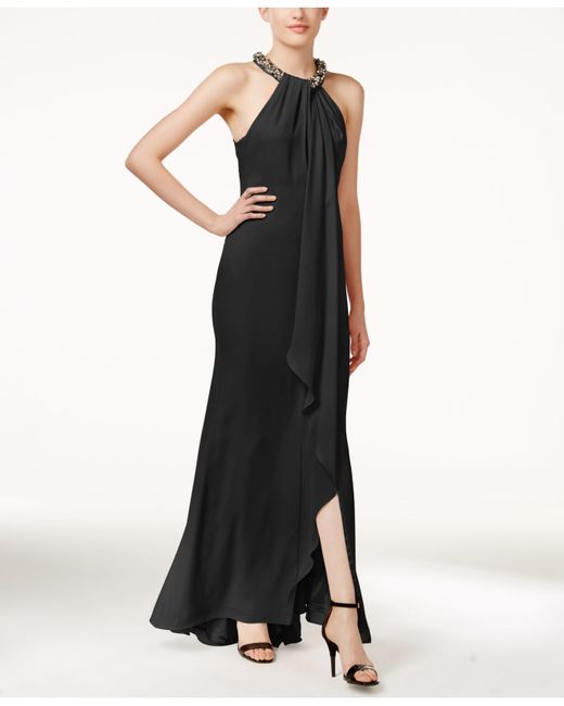 Calvin Klein Black Sleeveless Halter Draped Detail Gown