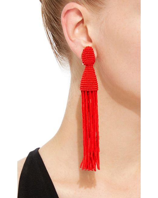 Oscar de la Renta Red Bugle Beaded Tassel Earrings