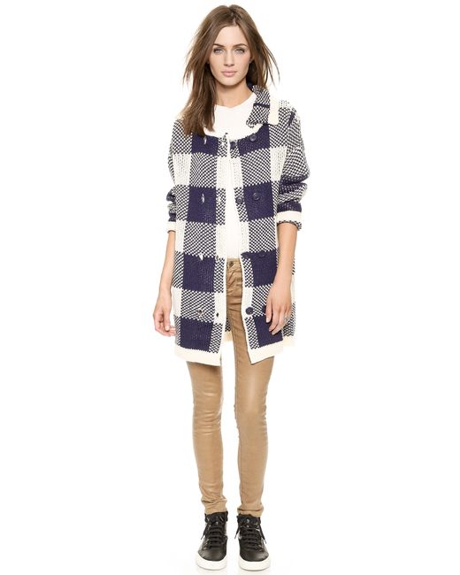 Joa Knitted Checked Coatigan - Navy in Blue | Lyst