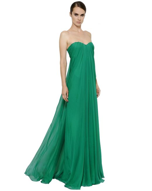 Alexander McQueen Green Draped Strapless Silk Chiffon Long Dress