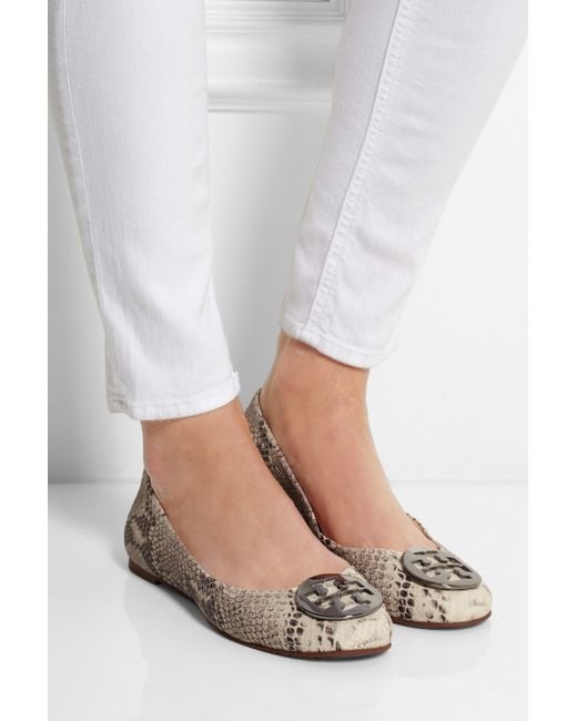 Tory Burch Reva Snake-Effect Leather Ballet Flats in Natural | Lyst