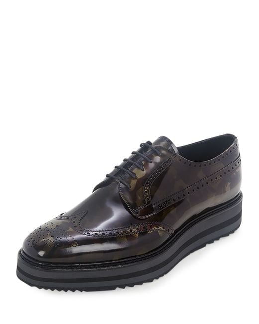 Prada Camouflage-Print Wing-Tip Derby Shoes in Green ...