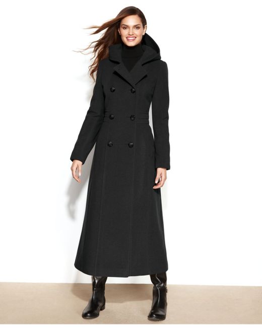 Anne Klein Black Double-Breasted Wool-Blend Hooded Maxi Coat