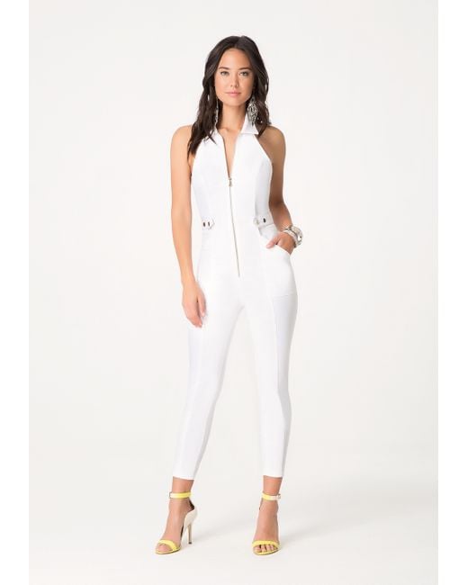 Bebe Denim Halter Jumpsuit in White | Lyst