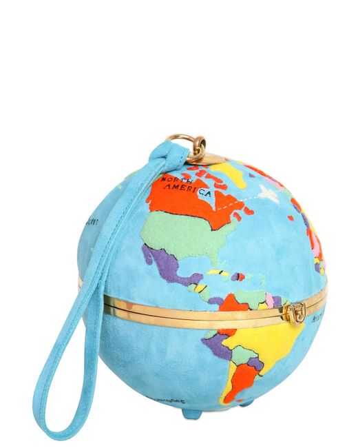 Olympia Le-Tan Blue Globe Hand Embroidered Suede Clutch
