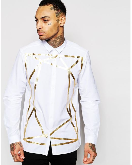 ASOS Metallic White Shirt With Gold Foil Print And Long Sleeves for men