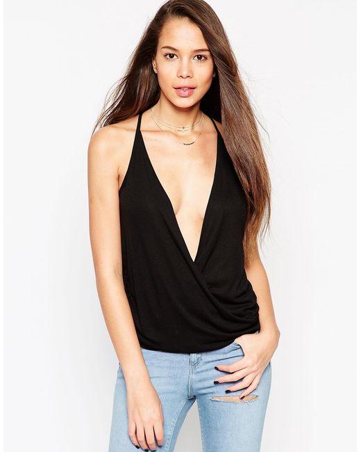 ASOS Black Top With Wrap Front And Plunge Neckline In Baby Rib