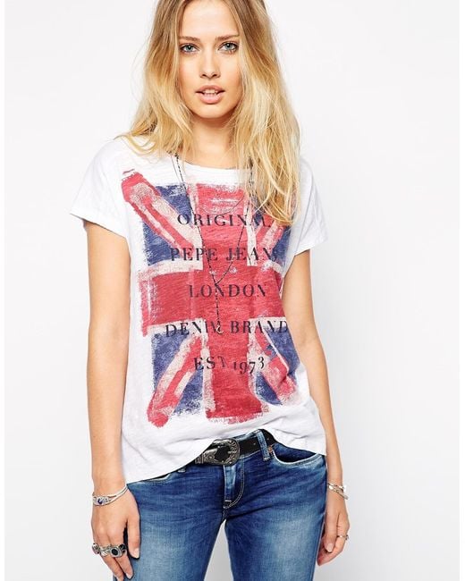 Pepe Jeans Union Jack T Shirt in White (Pink) | Lyst