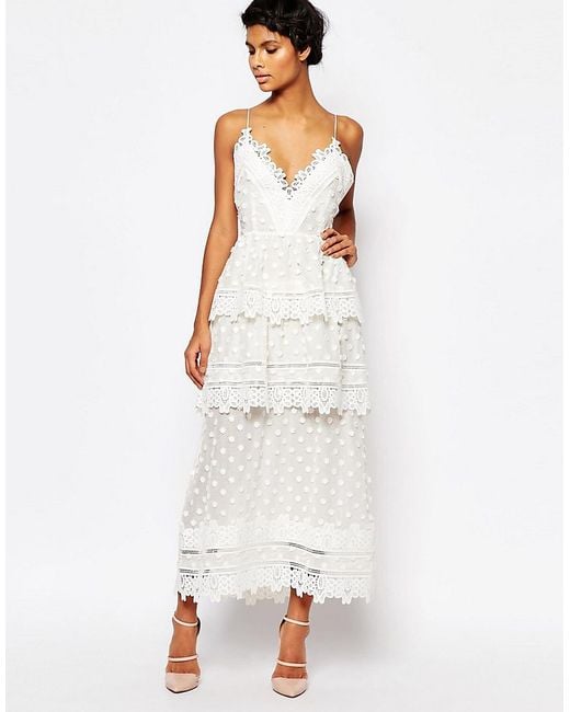 Self-Portrait Elf Portrait Ivy Lace Trim Midi Dress With Lace Up Back in  White | Lyst