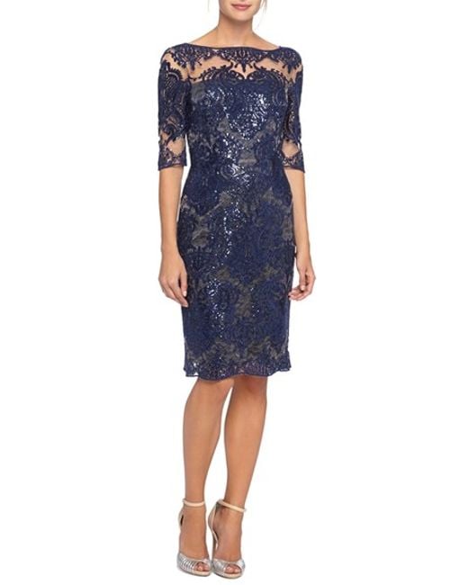 Tahari Embroidered Lace Sheath Dress With Illusion Neckline in Blue