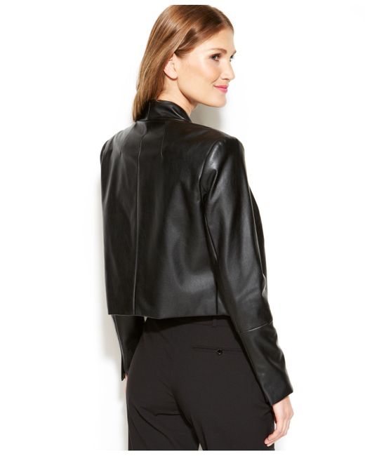 Calvin Klein Faux-leather Open-front Cropped Jacket in Black | Lyst