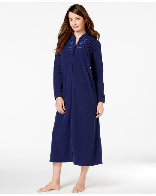 Miss Elaine Brushed Back Terry Long Zipup Robe in Blue Lyst