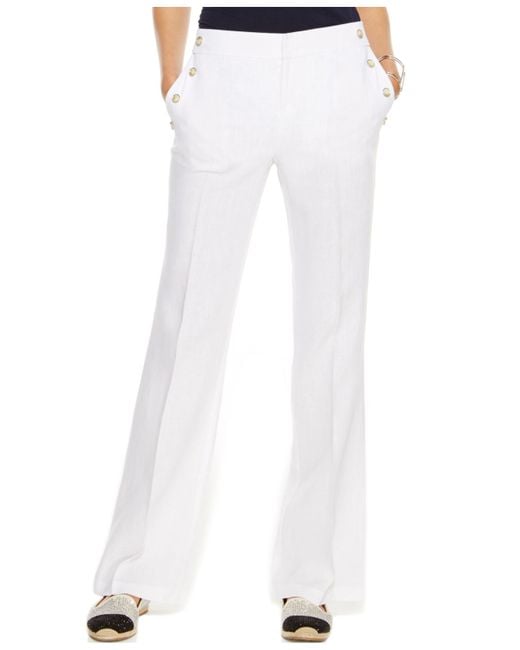 INC International Concepts White Petite Wide-leg Linen Sailor Pants