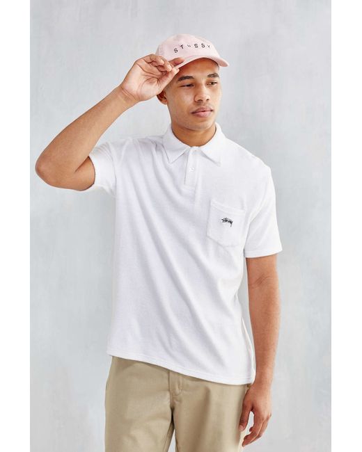 Stussy White Terry Fleece Polo Shirt for men