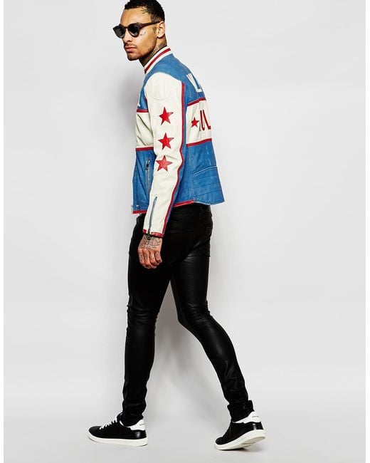 DIESEL Leather Motoracing Jacket L-racing Wolf Rule In Blue - Blue 