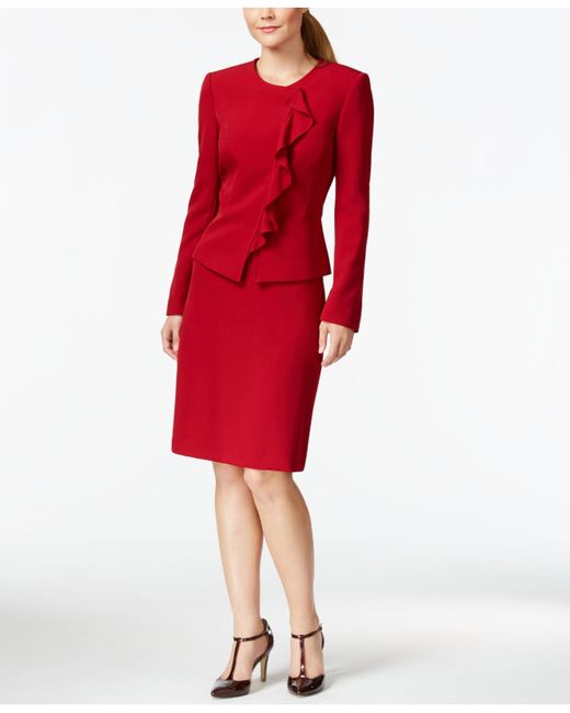 Tahari Red Ruffle-trim Peplum Skirt Suit