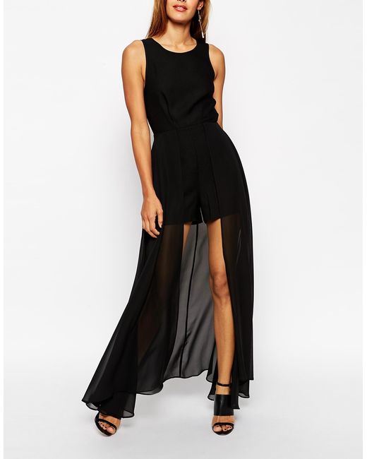 ASOS Playsuit With Maxi Chiffon Overlay in Black | Lyst