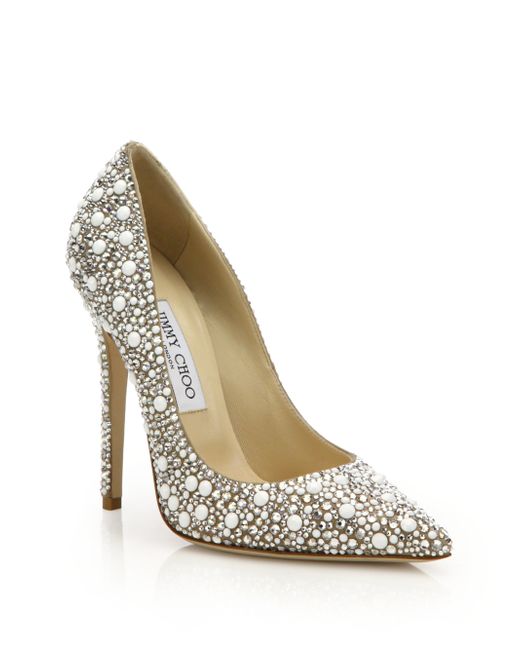 Jimmy Choo Anouk 120 Crystal-embellished Suede Pumps in White | Lyst