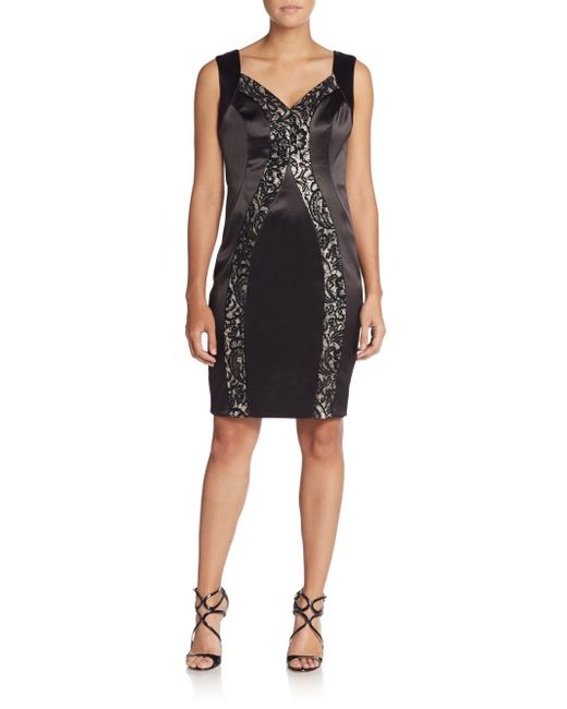 Lace Panel Contrast Piping Black Sheath Dress