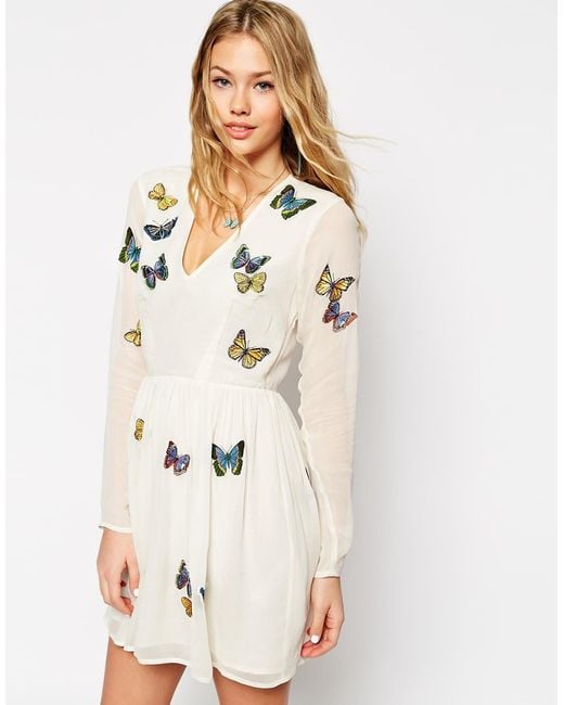 ASOS Natural Mini Skater Dress With Butterfly Embroidery