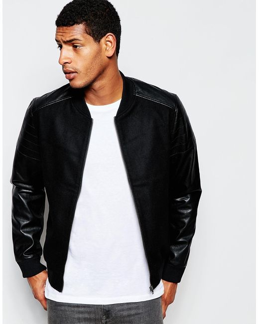 Produkt Black Wool Bomber Jacket With Faux Leather Sleeves for men