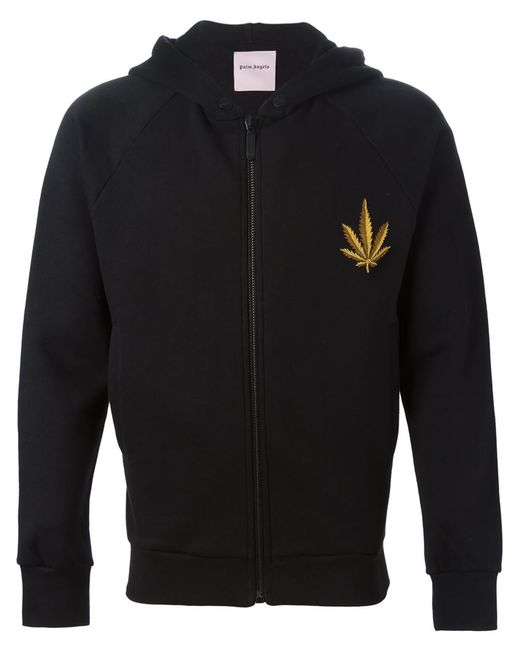Palm Angels Black Embroidered Cannabis Leaf Hoodie for men