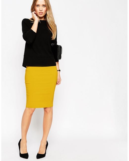 ASOS High Waisted Pencil Skirt in Yellow | Lyst
