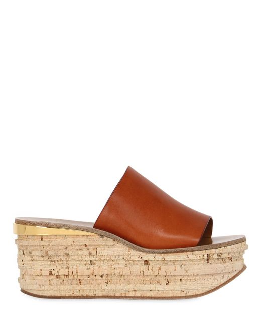 Chloé Brown Camille Leather Wedge Mules