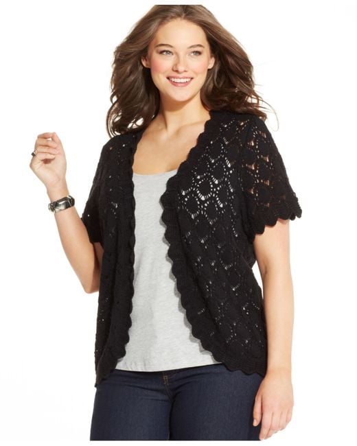 Style & Co. Black Plus Size Short-sleeve Crochet Cardigan