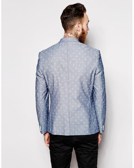 ASOS Blue Slim Fit Blazer In Anchor Design for men