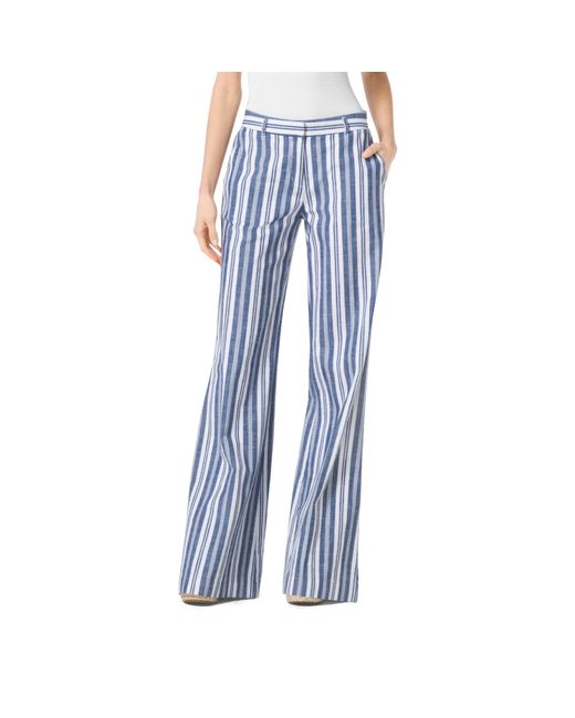 Michael Kors Blue Striped Linen Wide-leg Pants