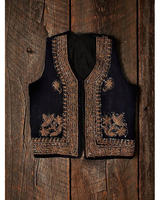 Free People Blue Womens Vintage Velvet Embroidered Vest