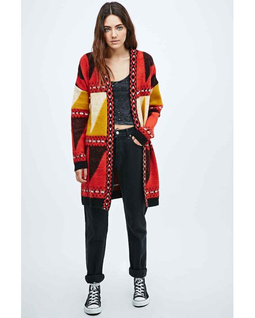 Staring At Stars Brushed Abstract Cardigan In Red And Yellow