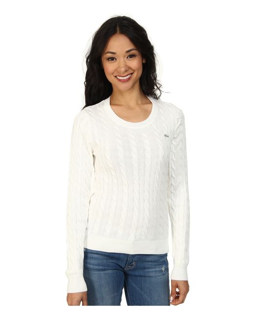 Lacoste White Long Sleeve Cotton Cable Knit Sweater