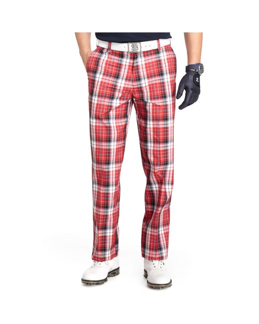 Izod Red Flat Front Plaid Golf Pants for men