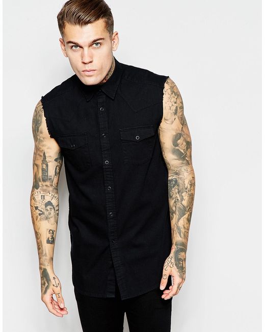 ASOS Black Sleeveless Shirt In Western Styling for men