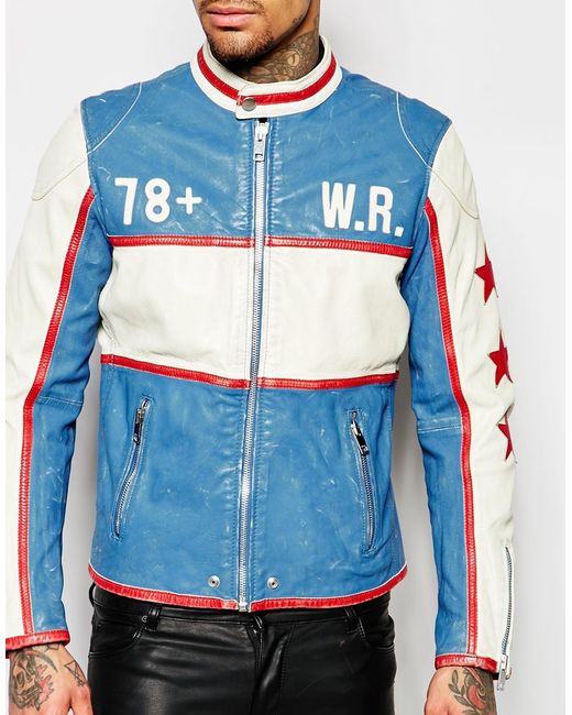 DIESEL Leather Motoracing Jacket L-racing Wolf Rule In Blue - Blue