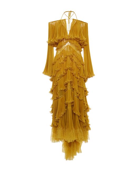 Roberto Cavalli Tiered Off-the-shoulder Gown in Yellow | Lyst