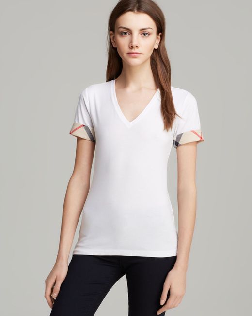 Dekan vægt indhold Burberry Brit Vneck Check Cuff Tee in White | Lyst