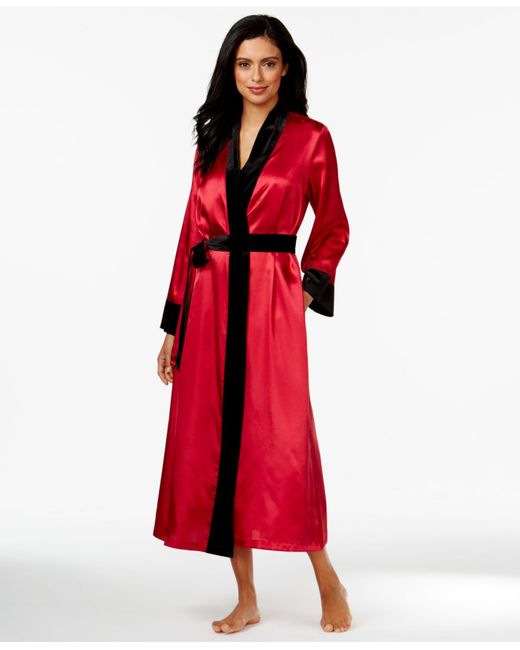 Red silk robe with black best sale trim