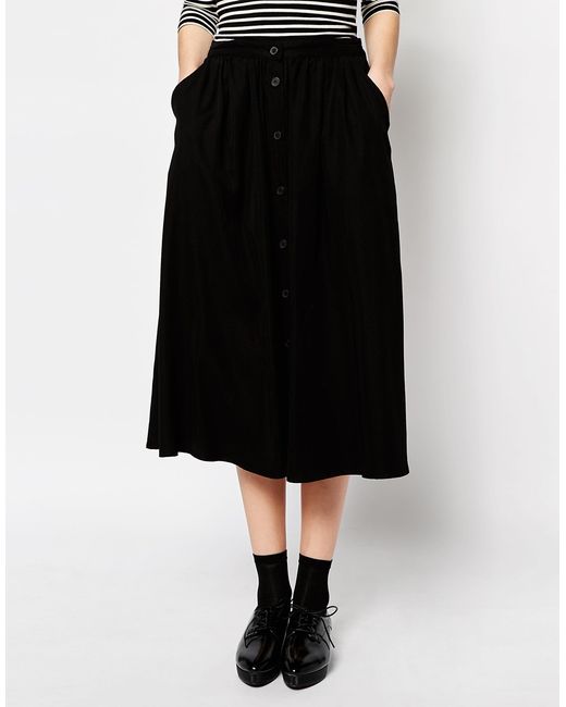Monki Black Button Midi Skirt