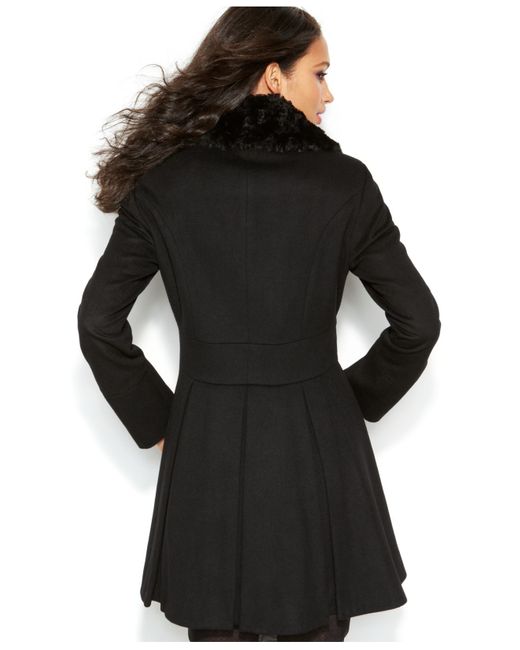Betsey Johnson Black Wool-Blend Faux-Fur Corset Flared Coat