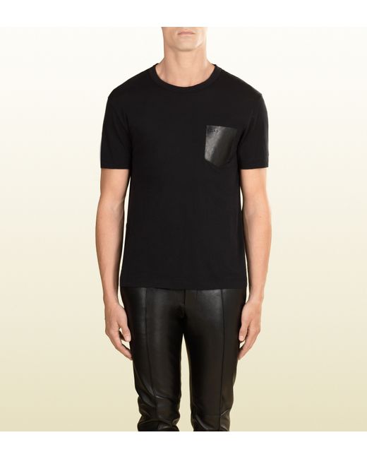 Gucci Black T-shirt With Leather Pocket for men