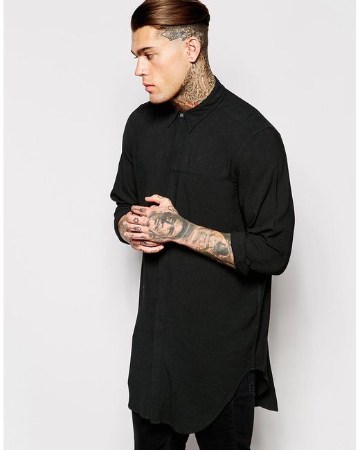 ASOS Black Super Longline Shirt In Rayon With Mini Button Down for men