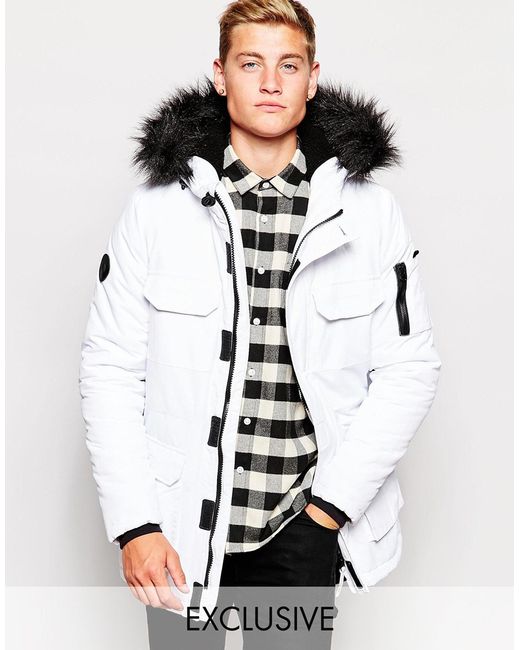 Bellfield White Exclusive Parka With Faux Fur Hood for men